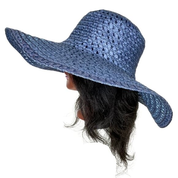Vintage Navy Straw Wide Brim Sun Hat Dark Coastal Boho Open Basket Weave Floppy main image 7